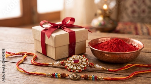 Traditional Raksha Bandhan Scene Featuring Gift Box and Rakhi Bracelet