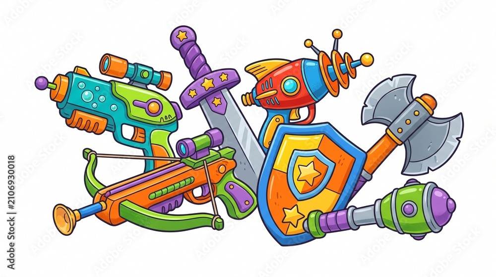Naklejka premium A vibrant collection of cartoon-style toy weapons, including a sword, shield, axe, ray gun, mace, and crossbow, on a white background.
