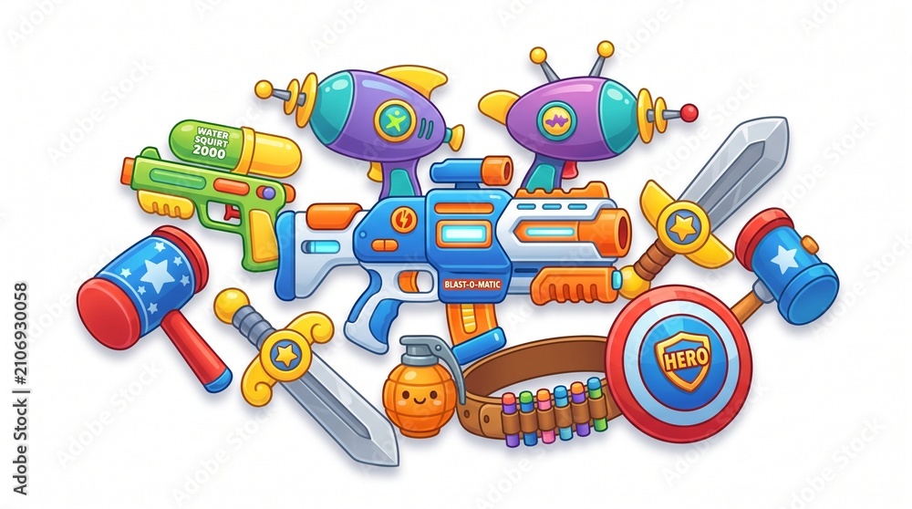 Naklejka premium Brightly colored cartoon illustration showcasing a variety of children's toy weapons, including futuristic blasters, swords, hammers, and a hero shield.