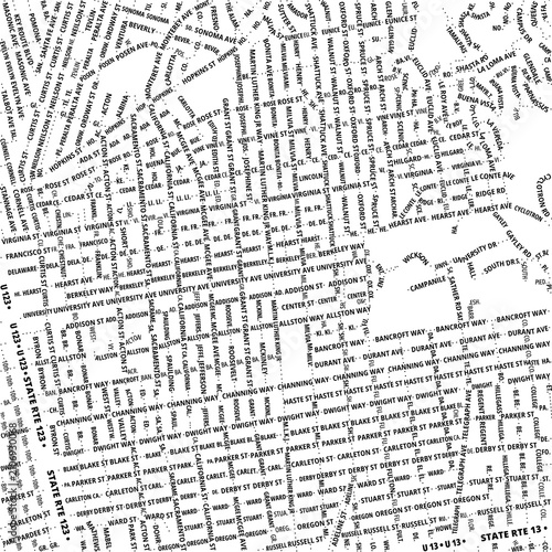 Typographic Map of the City Berkeley (California, USA) showing the city center only with street names