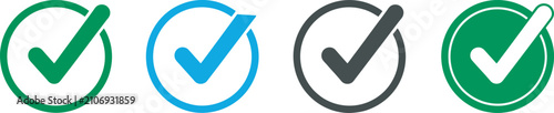 Colorful check mark in circular frames, including green, blue, and dark gray variations for user interface and validation