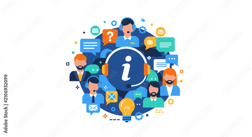 Fototapeta premium Customer Support and Service Center Concept Illustration with Help Desk Agents and Communication Icons