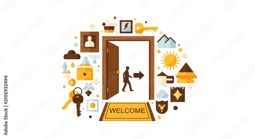 Obraz premium Conceptual Illustration of a Man Walking Through an Open Door Toward Success, Career Opportunities, and New Beginnings with Hospitality and Lifestyle Icons