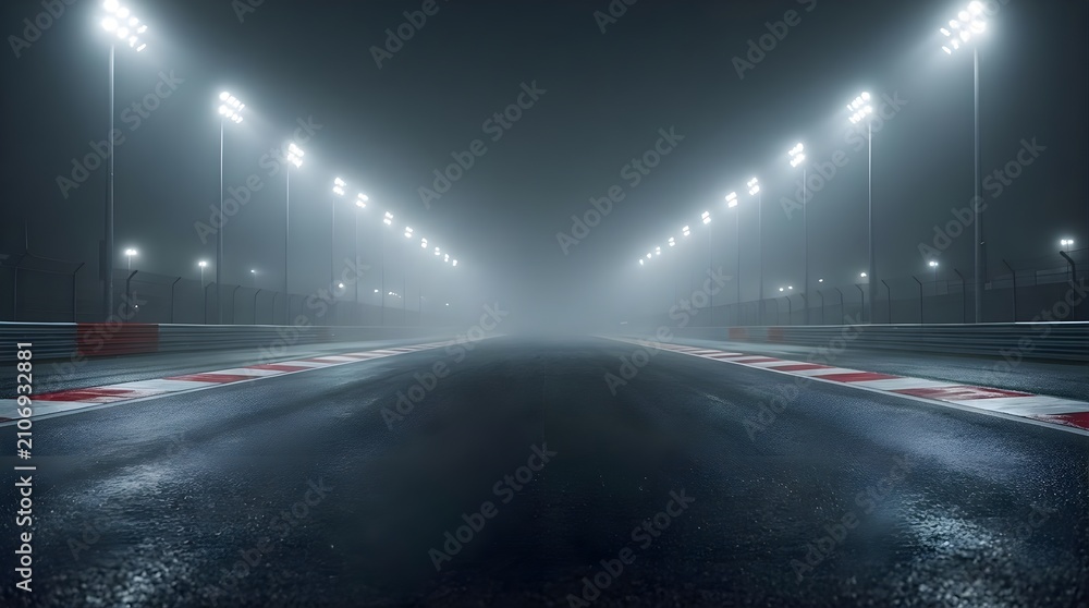Obraz premium Empty dark racetrack with fog under bright stadium lights.