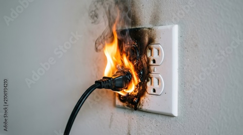 Electrical outlet on fire with smoke and melted plastic