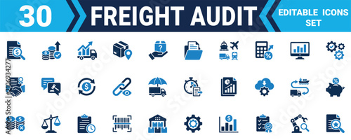 Foto Set of thirty flat vector icons for freight audit logistics shipping and transportation management business Minimal solid fill icon set bundle collection