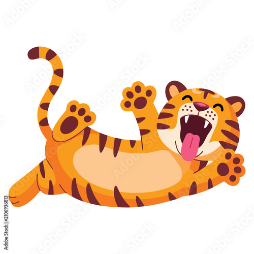 Playful cartoon tiger lying on back and roaring loudly featuring animated wildlife character with cute expression and action pose