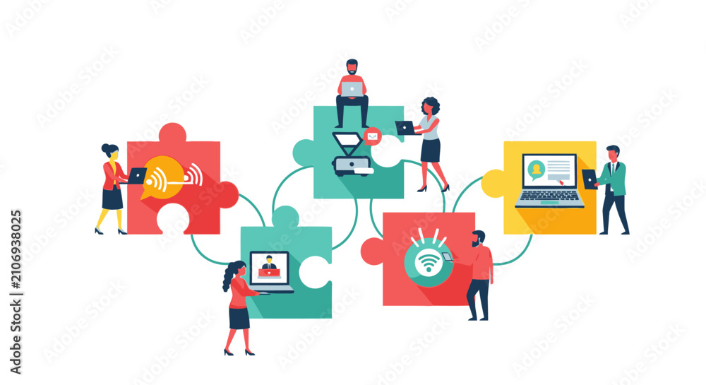 Naklejka premium Remote Team Collaboration and Global Business Connectivity Concept Illustration with People Working on Puzzle Pieces and Digital Technology