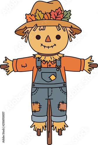 Cute autumn scarecrow character with harvest hat