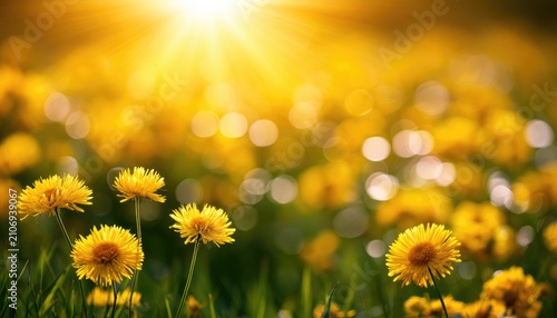 Bright sun shines on a field of blooming yellow flowers in soft focus