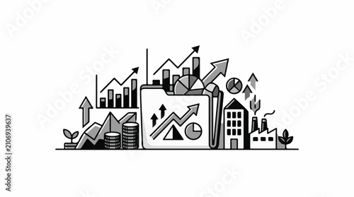 Financial growth illustration with charts coins factories and upward arrows