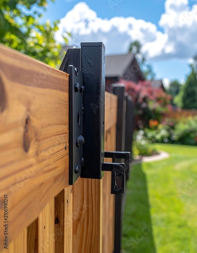 Wood fence with black metal gate hardware closeup