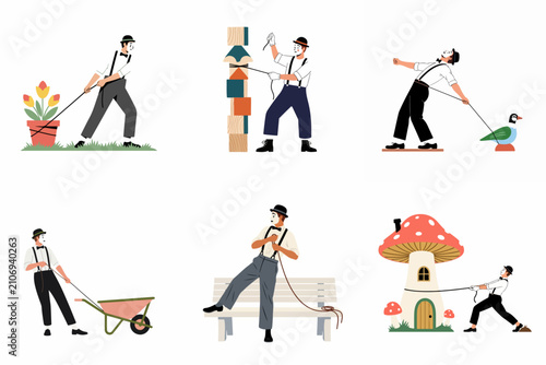 Obraz na płótnie Collection of mimes in humorous situations, performing pantomime acts with ropes, flower pots, and whimsical objects in a minimalist flat illustration style