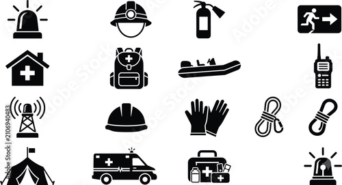 Cuadro en lienzo Emergency Response and Rescue Services Black Glyph Icon Set Isolated on White Ba