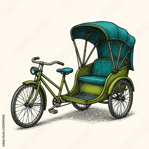 Vintage hand drawn cycle rickshaw illustration with green frame and teal canopy.