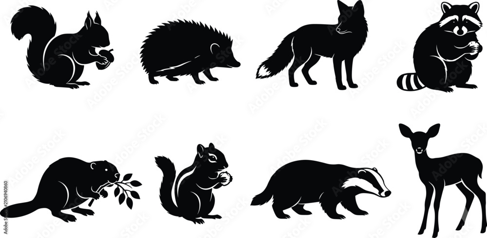 Obraz premium Forest animals silhouette vector set featuring squirrel hedgehog fox raccoon beaver chipmunk badger and deer