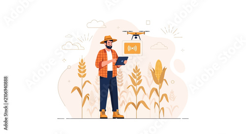 Farmer Using Drone and Tablet in Field - Modern Agriculture Technology