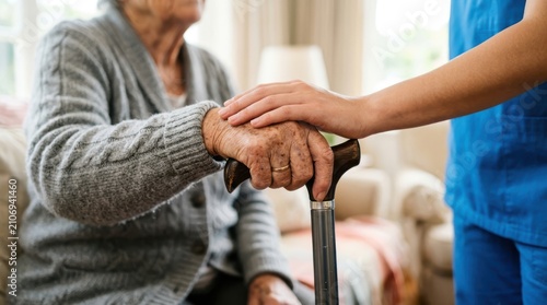 Closeup of a caregiver holding the hand of an elderly person