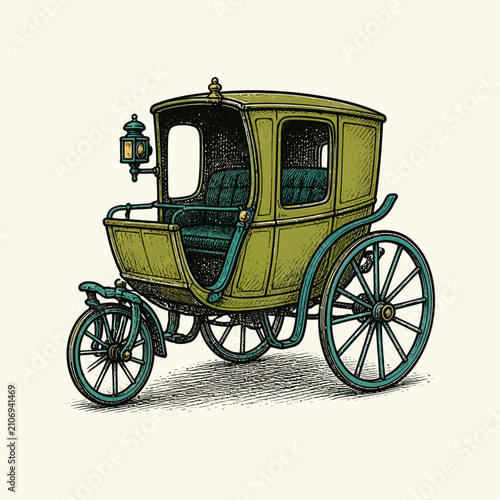 Vintage hand drawn illustration of an antique green carriage with teal spoked wheels.