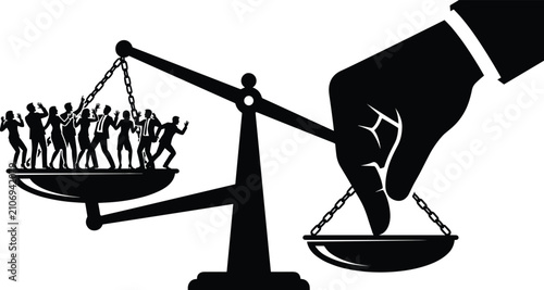 Bild auf Leinwand Vector illustration of balance scale showing fairness imbalance with group of pe
