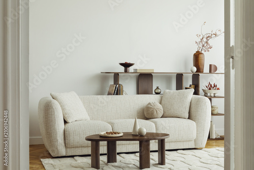 Minimalist living room interior design with neutral tones and modern furniture for a serene home atmosphere