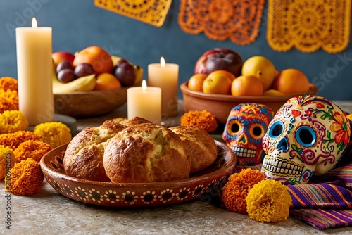 beautifully decorated ofrenda with pan de muerto, fresh fruit, candles, sugar skulls, marigold flowers and papel picado, authentic Mexican heritage, premium commercial photography