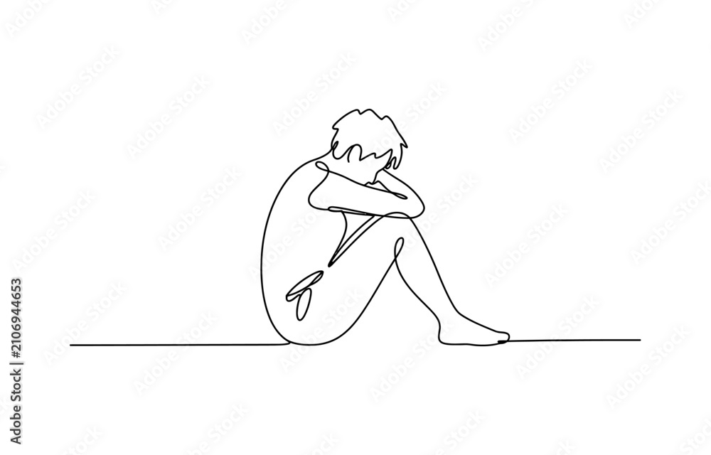 Fototapeta premium Sad person sitting and hugging knees in a continuous one line drawing style