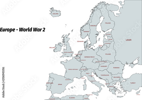 Bild auf Leinwand Black and white map of europe during the world war 2 era showing country borders