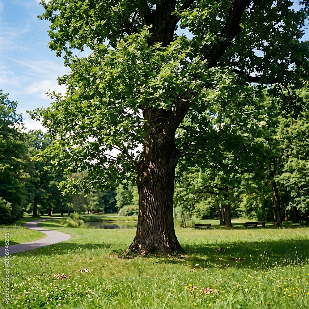 Obraz premium Majestic oak tree standing alone in green park.