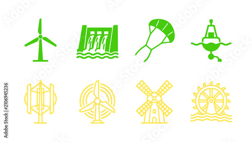 Foto Flat icons representing wind turbines, solar panels, hydro power, and renewable energy sources