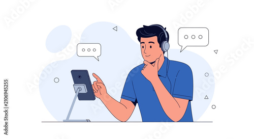Man with headphones uses tablet for online communication, video call, or remote learning, with speech bubbles indicating dialogue
