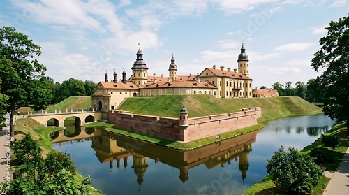 Majestic palace with moat and gardens in summer.
