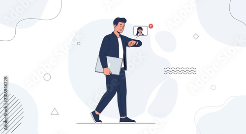 Modern Business Man Checking Smartwatch While Carrying Laptop - Vector Illustration
