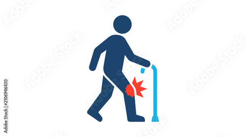 Foto Elderly person with knee pain, walking with cane, red inflamed joint icon