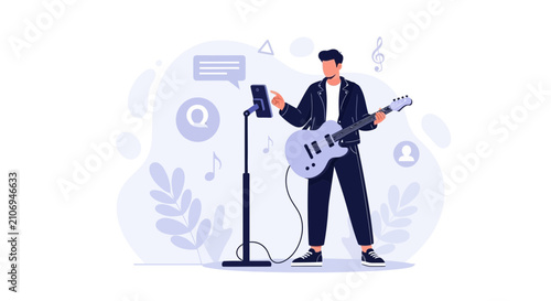 Musician Playing Guitar Live Stream Online Performance with Social Media Engagement