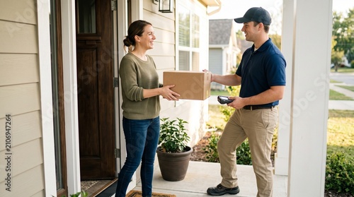 Delivery person hands package to happy woman at front door of house