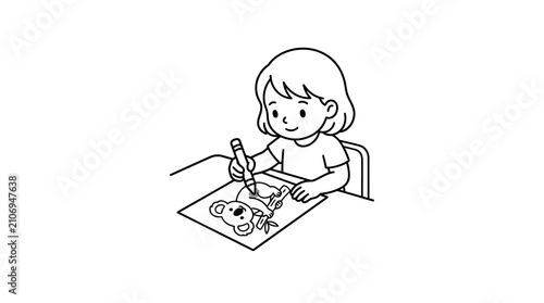 Photography Girl coloring koala picture at school desk