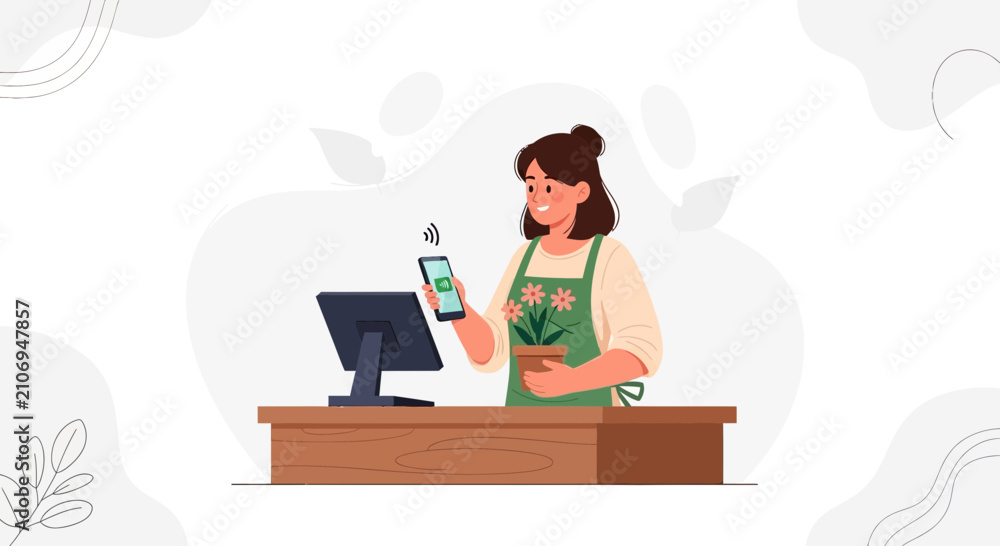 Fototapeta premium Smiling florist using smartphone for contactless payment at counter with POS terminal and potted plant