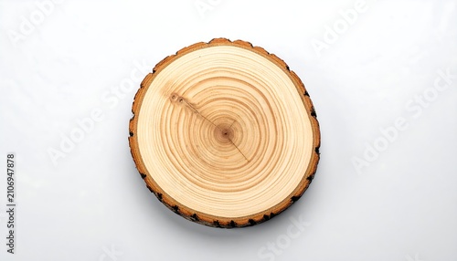Wood slice with growth rings on white background
