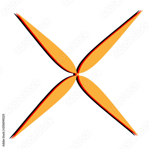 Abstract orange and red star-shaped fan blade with four angular points, isolated on white background.