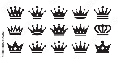 Foto Royal crown icons collection in black color for noble branding elements on transparent pattern