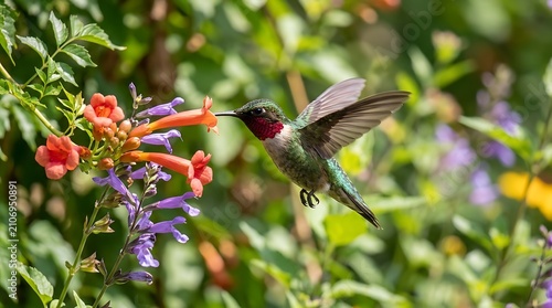 Hummingbird feeding on vibrant purple flowers with red blossoms.