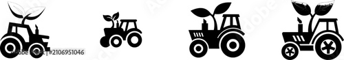 A minimalist black and white icon features a stylized farming tractor silhouette with a young green sprout growing out of it, symbolizing sustainable agriculture against a solid white background