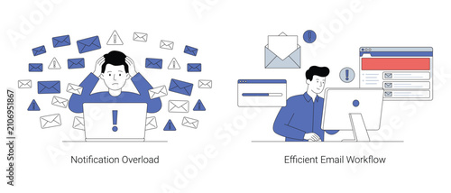 Stressed businessman facing notification overload versus organized man managing efficient email workflow illustration vector