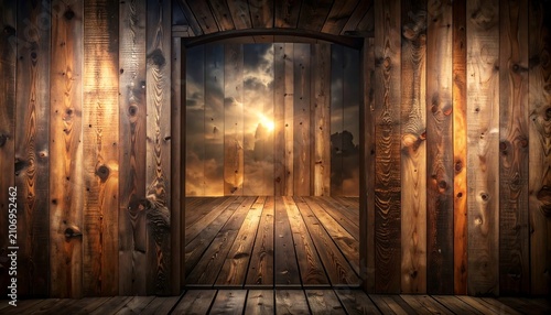 Wooden archway opens to a dramatic sunset sky