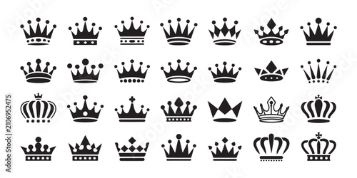 Canvas Print Comprehensive collection of various crown shapes and royal headgear for creative graphic designs