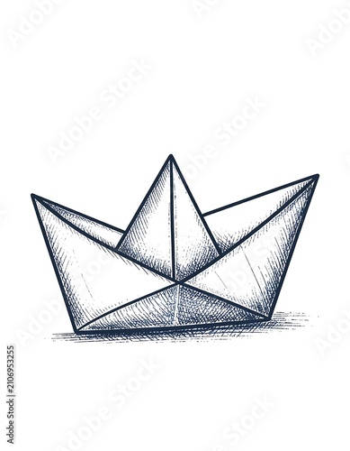 A pencil-drawn paper boat with shading and a plain background