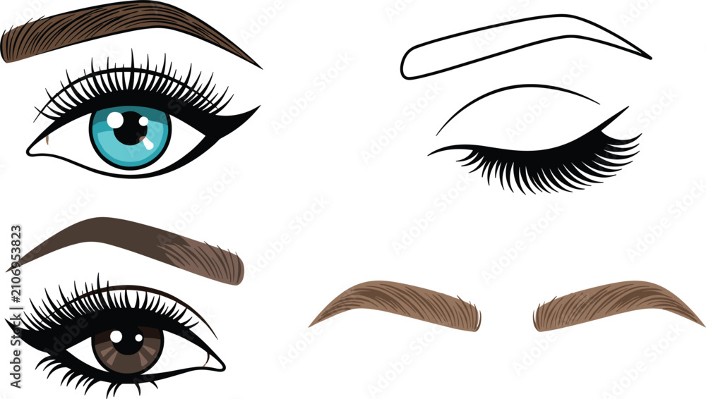Fototapeta premium Female Eyebrow Shape and Eye Makeup Vector Icon Set Featuring Microblading Micro-shading Mapping Closed and Open Eyes for Beauty Salon Branding