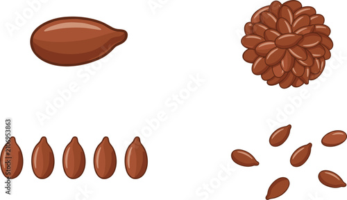 Flaxseed or Linseed Vector Icon Set Featuring Single Grain Round Heap Neat Row and Scattered Superfood Seeds for Healthy Diet Packaging Designs