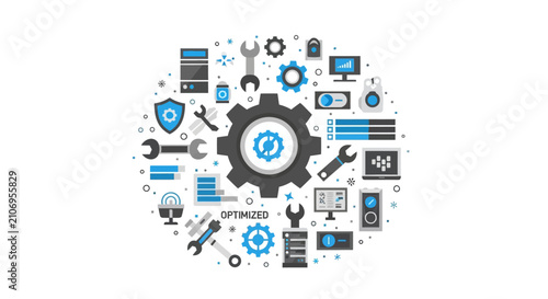Industrial Automation and System Optimization Concept Illustration with Technical Gear Icons and Tools on White Background